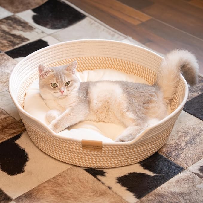 CHEERHOME PETS Cat Bed Basket with Cushion, Cotton Rope Woven Pet Bed for Indoor Cats Couch, Stimulicat Cat Bed Handwoven Breathable, All Season Universal (White)