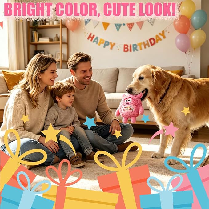 Plush Dog Birthday Toy for Girl Boy Gifts, Crinkle Squeaky Dog Toy Keep Them Busy Tug of War Stuffed Dog Chew Toy for Small Medium Large Dogs (Pink)