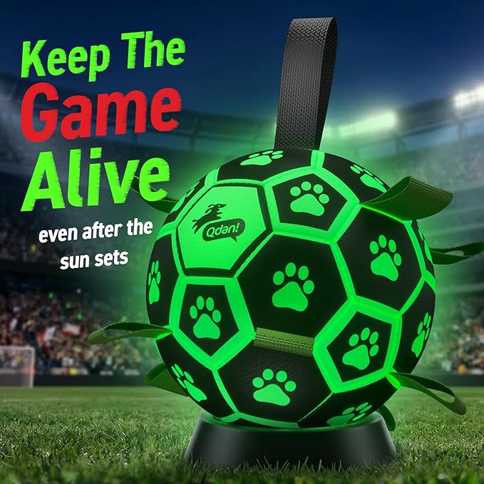 QDAN Glow in The Dark Dog Toys Soccer Ball with Straps - Light Up Dog Balls for Large Dogs, Interactive Dog Toys with Strap for Tug of War,Puppy Birthday Gifts (8 Inch)