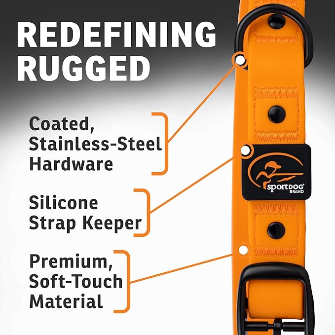 SportDOG Rugged Utility Collar – Waterproof and Stink-Proof – Premium Soft-Touch Material – Stress-Tested, Durable Hardware – Silicon Strap Keeper – Orange – Medium