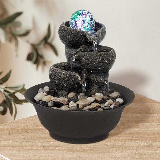 Ferrisland Tabletop Waterfall Fountain - 3-Step Modern Water Fountain with LED Light for Office Desktop Decor