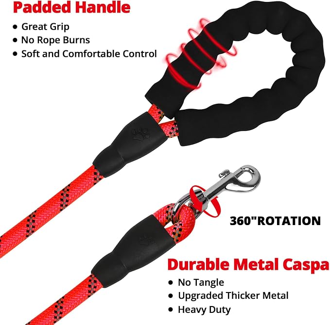 Long Dog Leash 30 FT: Heavy Duty Rope Leashes for Dogs Training with Swivel Lockable Hook Reflective Threads Bungee and Padded Handle - Dog Lead for Large Small Medium Dogs Outside Walking Hiking Red