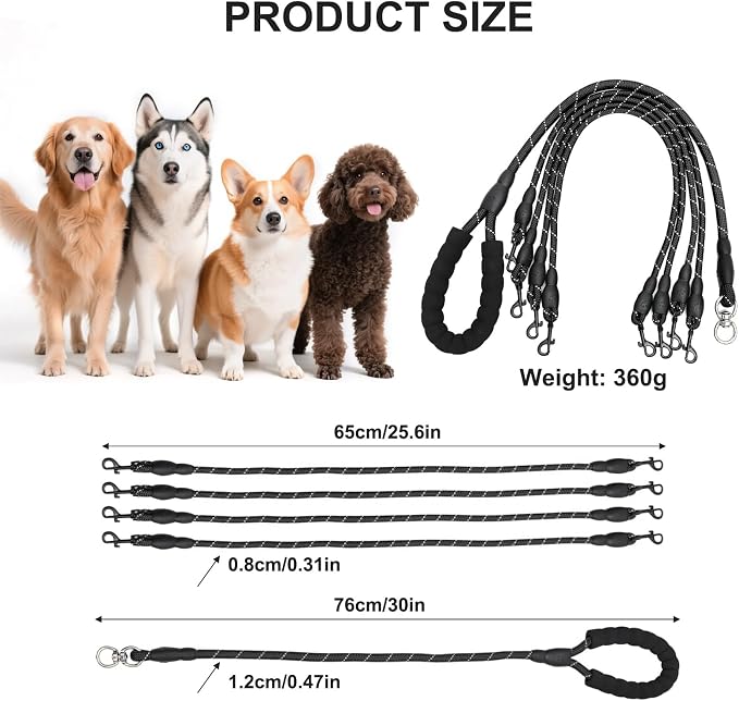 4 Way Dog Leashes,No Tangle Medium Small Dog Walking Leash,Nylon Pet Leash for 1 to 4 Dogs Outdoor Walking (Black)