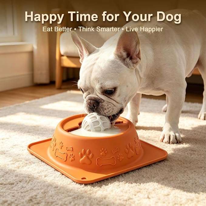 Slow Feeder Dog Bowl for Liquid Treats, Anti-Slip Lick Bowl with Smooth Rolling Ball, No Spill Pet Bowl Yogurt Water Pup Lick Toy for Large Medium Small Dogs and Cats, Anxiety Relief Boredom, Orange