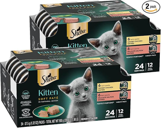 Sheba Perfect Portions Kitten Wet Food, Pate Cat Food Wet Entree, Chicken Recipe and Salmon Recipe, 2.6 oz. Twin-Pack Trays (12 Count, 24 Servings) (Pack of 2)
