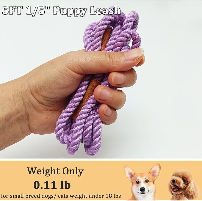 5FT Puppy Leash for Small Dogs - 1/5" Cotton Dog Leash Lightweight & Soft Braided Rope for Tiny Breeds/Cats Daily Walks Training, Purple