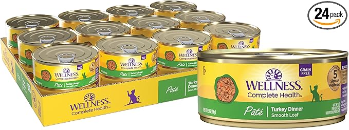 Wellness Complete Health Pate Adult Canned Wet Cat Food, Natural, Protein Rich, Grain Free, Turkey Dinner Recipe, 5.5 oz, Pack of 24 Cans