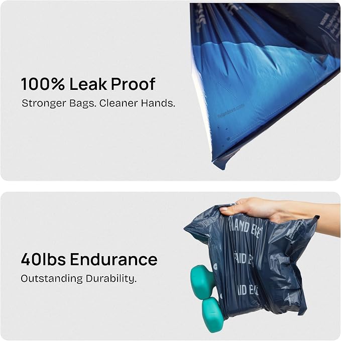 Fei & Eve Dog Poop Bags - Extra Thick 25 Micron & 100% Leak-Proof | Full Blackout & Odor-Locking | Stretch Resistant | Easy to Tear off | Waste Bags | Unscented | 8 Rolls
