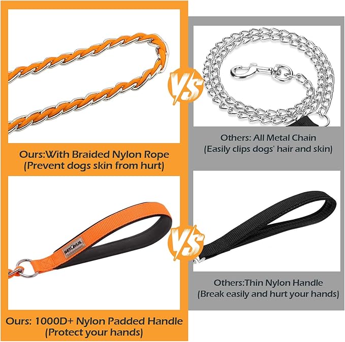 Chain Dog Leash Chew Proof Metal Leash for Medium Large Dogs, Chain Link Dog Anti Chew 5.2FT / 4FT Strong Anti Bite Comfortable Soft Padded Handle (Orange, 5FT(5-30lb))