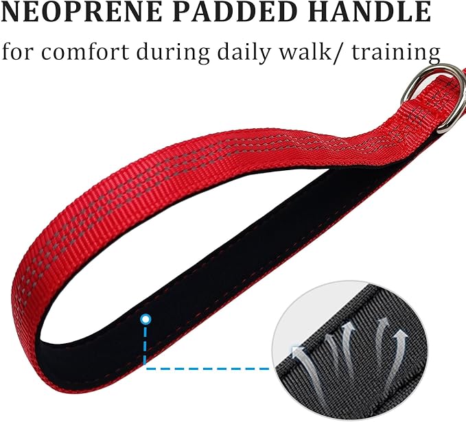 WYuZe 4FT Bungee Dog Leash for Strong Puppy Medium Dogs- Reflective, Shock Absorbing, Elastic Nylon Leash with Padded Handle for Safety Comfort No Pull Walking Training (Red, 3/4"-Wide)