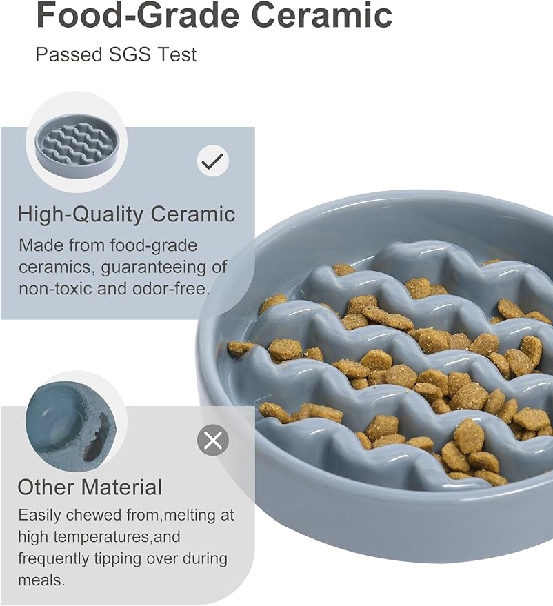Ceramic Slow Feeder Dog Bowl, Maze Puzzle Non-Slip Silicone Base Stoneware Bowl for Small Medium Dogs, Heavy Duty Anti-Bloat Dog Food Bowl Dishwasher Safe – Ice Blue, Small