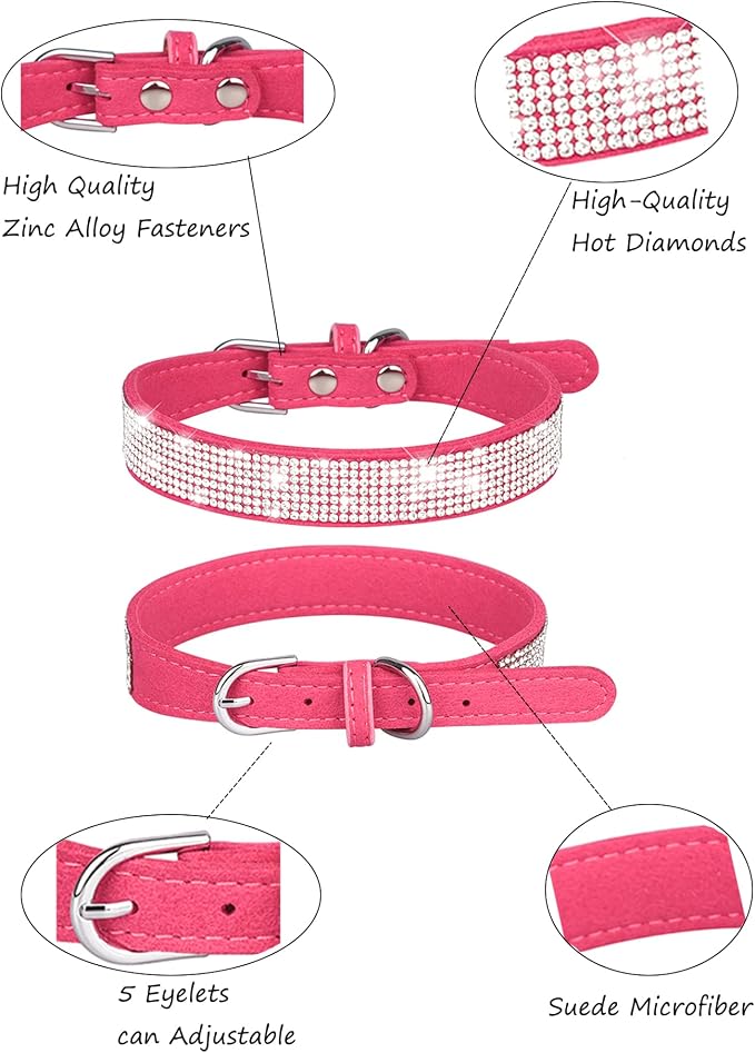 Dog Collar for Medium Dogs, Adjustable Leather Suede Bling Dog Collars，Rose Red Dog Collar Cat Collar, Rhinestone Dog Collar (M, Rose red)