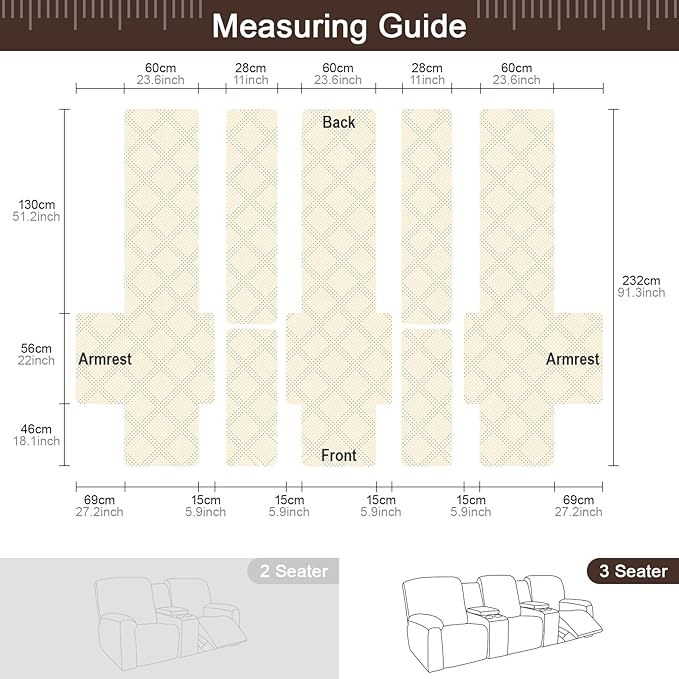 TAOCOCO 100% Waterproof Recliner Couch Covers with Console, Sofa Covers for Reclining Sofa 3 Seat with Straps Design, Split Recliner Sofa Cover Furniture Pets Kids Protector (3 Seater, Chocolate)
