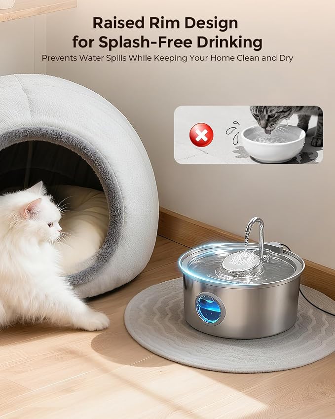 Invengo Cat Water Fountain Stainless Steel, 3.2L/108oz Pet Drinking Fountain for Cats Dogs, Automatic Cat Fountain with 2 Flow Modes, Splash-Proof Bowl, Includes 4 Replacement Filters