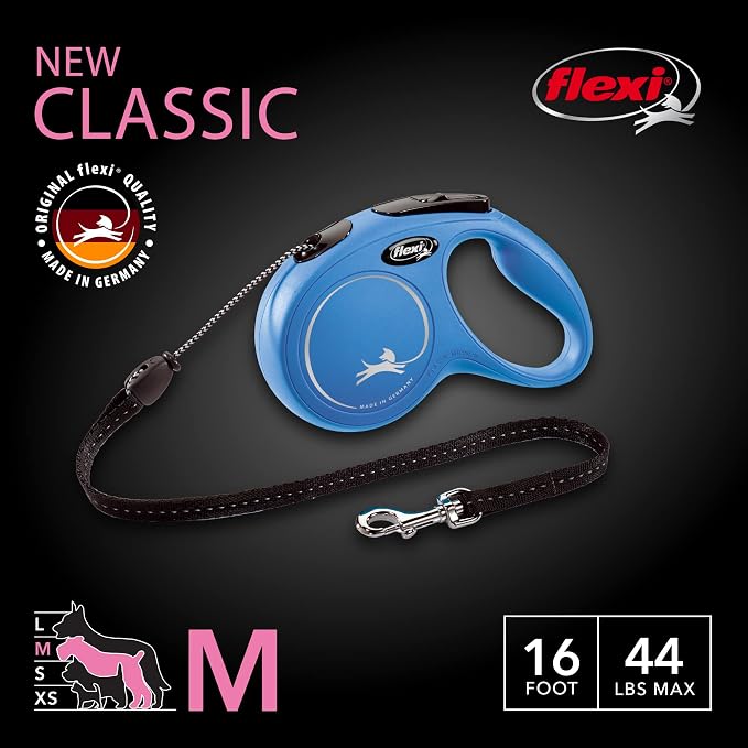 FLEXI Classic Cord Retractable Dog Leash for Medium Dogs up to 44 lbs. – 16 ft., Blue | Tangle-Free Cord Design with One-Handed Brake, Pause, Lock|German Quality Product