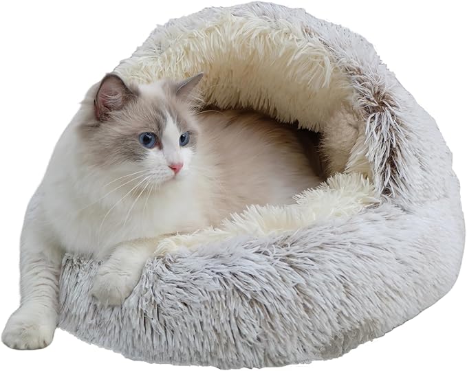 ZaneSun Calming Round Dog Beds &Cat Cave Bed with Hooded Cover,Plush Fluffy Dog Bed Anti-Anxiety Cat Cave Bed,Waterproof Bottom Washable (Coffee, 25.6X 25.6inch)
