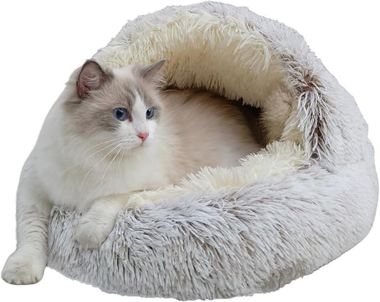 ZaneSun Calming Round Dog Beds &Cat Cave Bed with Hooded Cover,Plush Fluffy Dog Bed Anti-Anxiety Cat Cave Bed,Waterproof Bottom Washable (Coffee, 25.6X 25.6inch)