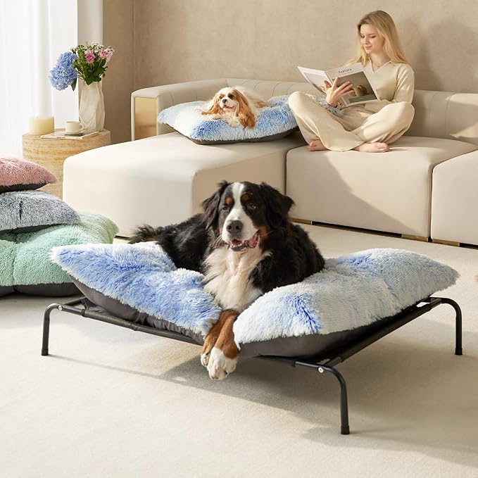 EHEYCIGA Fluffy XXL Dog Crate Pad, Plush Faux Fur Crate Bed for Extra Large Dogs, Calming Anti Anxiety XXL Dog Bed, Washable Warm Mat with Non-Slip Bottom, Blue