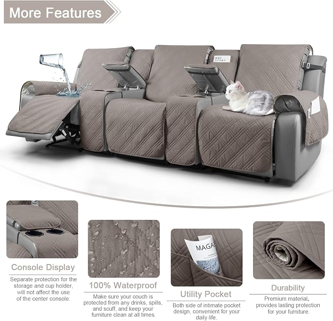 TAOCOCO 100% Waterproof Recliner Couch Covers with Console, Sofa Covers for Reclining Sofa 3 Seat with Straps Design, Split Recliner Sofa Cover Furniture Pets Kids Protector (3 Seater, Light Brown)