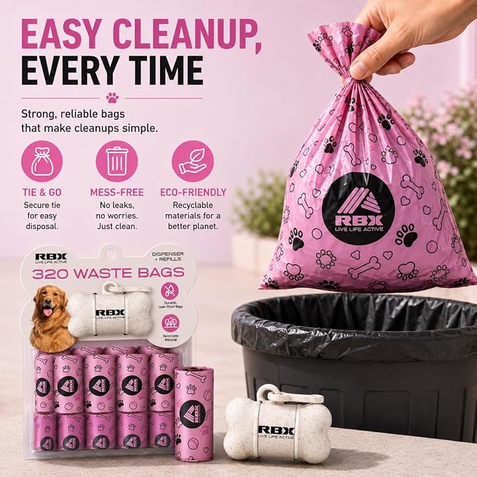 RBX Dog Poop Bags with Leash Holder, 320 Bags, 16 Refill Rolls | Clip-On Dispenser, Durable Leak-Proof, Recyclable Material
