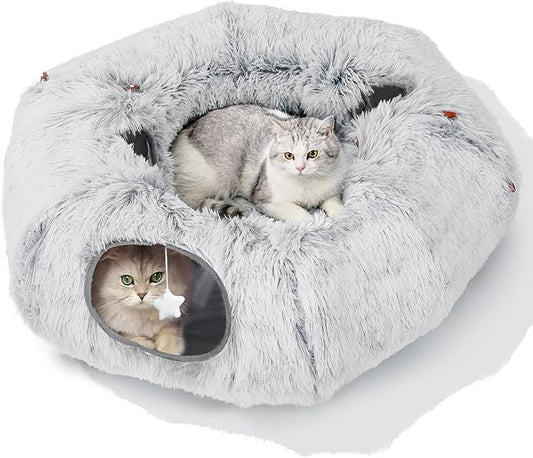 Cat Tunnel Bed for Indoor Cats, L Christmas Tree Skirts Washable Warm Soft Indoor Cat Donut Tunnel, Multifunctional Cat Interactive Playground Toys for Felines Pet Christmas Tree Decoration