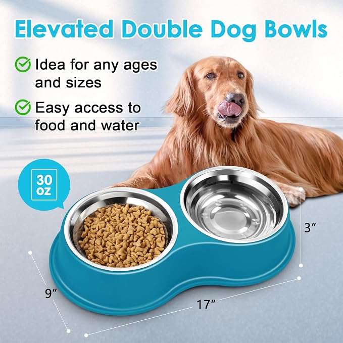 Epetslove Dog Bowls Large Stainless Steel Dog Water and Food Bowls Set with No-Slip Base, Pet Feeder Bowls Raised Edges for No Spill, Dog Cat Dish for Small, Medium, and Large Pets