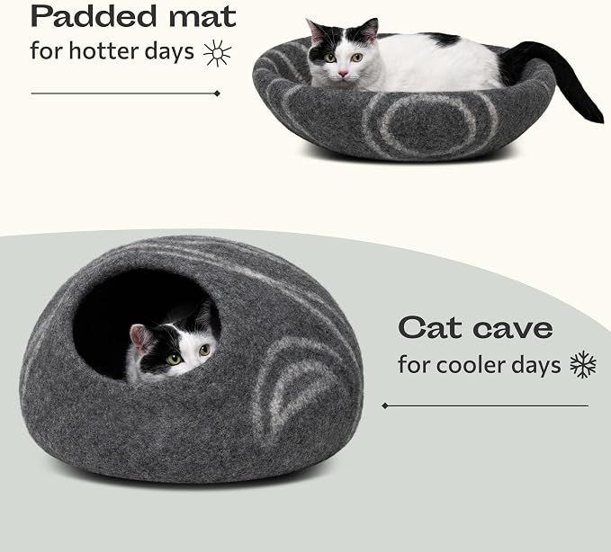 MEOWFIA Cat Cave – Premium Felt Cat Enclosure for Indoor Cats, Handmade Merino Wool (Dark Grey, Medium)