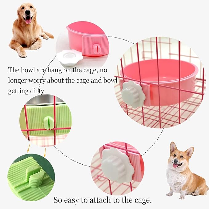 kathson Crate Dog Bowl, Removable Stainless Steel Hanging Pet Cage Bowl Food & Water Feeder Coop Cup for Cat, Puppy, Birds, Rats, Guinea Pigs (4 PCS, Size: L, 2×Blue,1×Pink,1×Green)