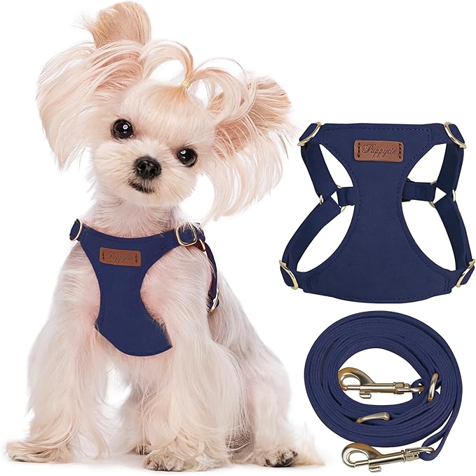 Puppytie XXS Puppy Harness with Multifunction Dog Leash,Soft Adjustable No Choke Escape Proof Pet Harness Vest,Navy,XXS
