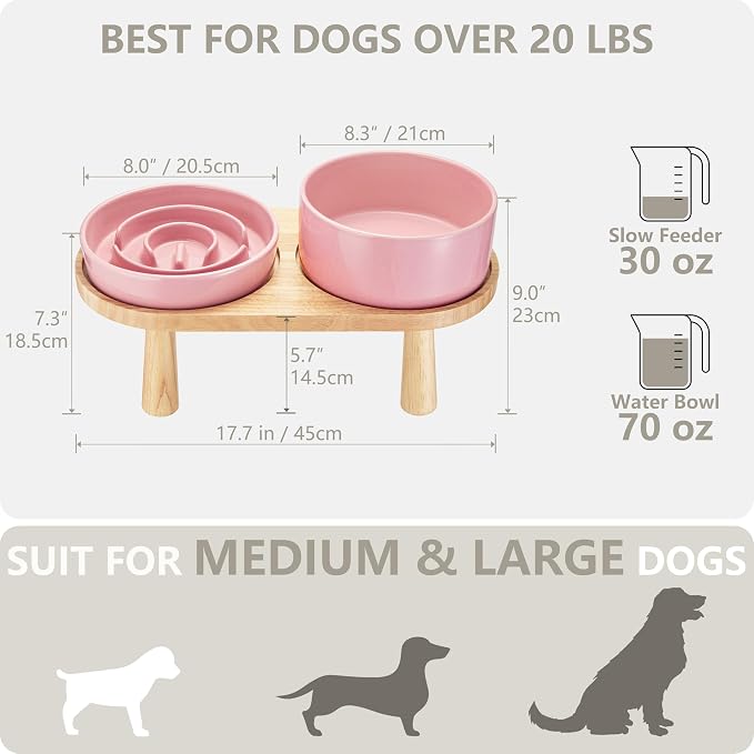 Ceramic Slow Feeder and Water Bowl Set for Medium and Large Dogs, 8.0 Inches Ceramic Dog Bowls Elevated with Wooden Stand, 2.0 Cups Dog Slow Feeder(30oz) and 70oz Water Bowl Set, Pink