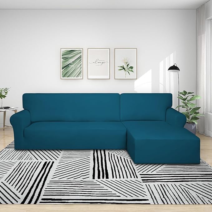 PureFit Super Stretch Sectional Couch Covers - 2 pcs Spandex Non Slip Sofa Covers with Elastic Bottom for L Shape Sectional Sofa Couch for Kids & Pets (3 Seat Sofa + 2 Seat Chaise, Peacock Blue)