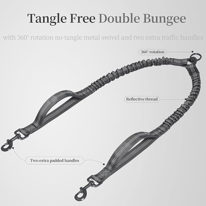 iYoShop Double Dog Leash with Three Extra Traffic Handles, 360 Swivel No Tangle Dual Dog Walking Leash, Comfortable Shock Absorbing Reflective Bungee for Two Dogs(15-120 lbs, Black)