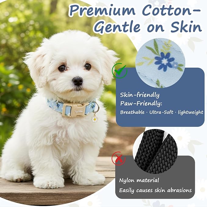 Dog Collar with Floral Patterns, Spring Summer Collection Blue Dog Collar with Exquisite Pendant, Durable Adjustable Collars for Gifts & Daily Use-S