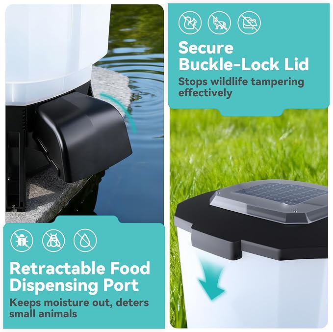 Solar Automatic Fish Feeder for Pond, Large Capacity 23L, Auto Outdoor Koi Fish Feeder, Programmable Auto Timer, Automatic Dispenser for Vacation, Big Tank, Battery & AC Electric Power