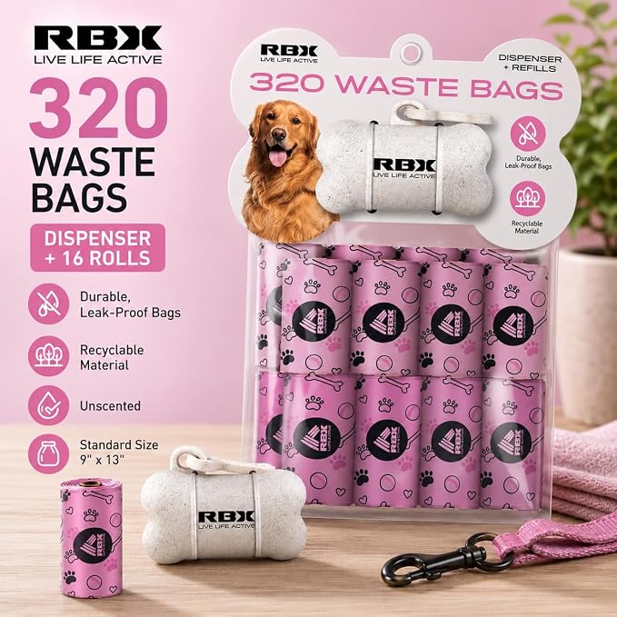 RBX Dog Poop Bags with Leash Holder, 320 Bags, 16 Refill Rolls | Clip-On Dispenser, Durable Leak-Proof, Recyclable Material