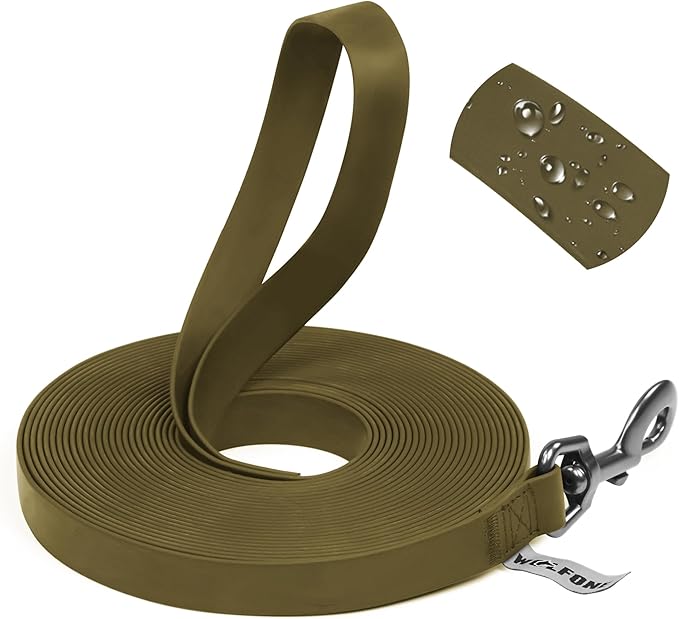 Wolfone 50ft Army Green Long Leash - Waterproof Training Dog Leash for Recall, Swimming, Camping, Beach, Walking