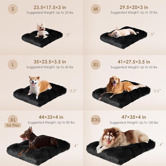 EHEYCIGA Fluffy Dog Crate Bed for Large Dogs, Plush Faux Fur Crate Pad, Calming Anti Anxiety Large Dog Bed, Washable Soft Warm Mat with Non-Slip Bottom, Black