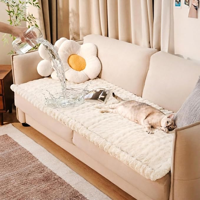 FUNNY FUZZY Pet Couch Cover for Sofa, Waterproof Couch Cover for Dogs Washable, Pet Friendly Fuzzy Sofa Covers Thick Soft Dog Bed Mat Non Slip for Couches and Sofas, Cream White, 27.6"×70.9"