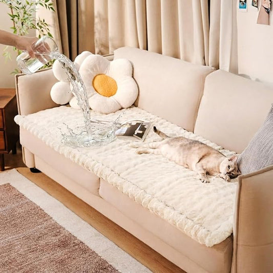 FUNNY FUZZY Pet Couch Cover for Sofa, Waterproof Couch Cover for Dogs Washable, Pet Friendly Fuzzy Sofa Covers Thick Soft Dog Bed Mat Non Slip for Couches and Sofas, Cream White, 27.6"×70.9"