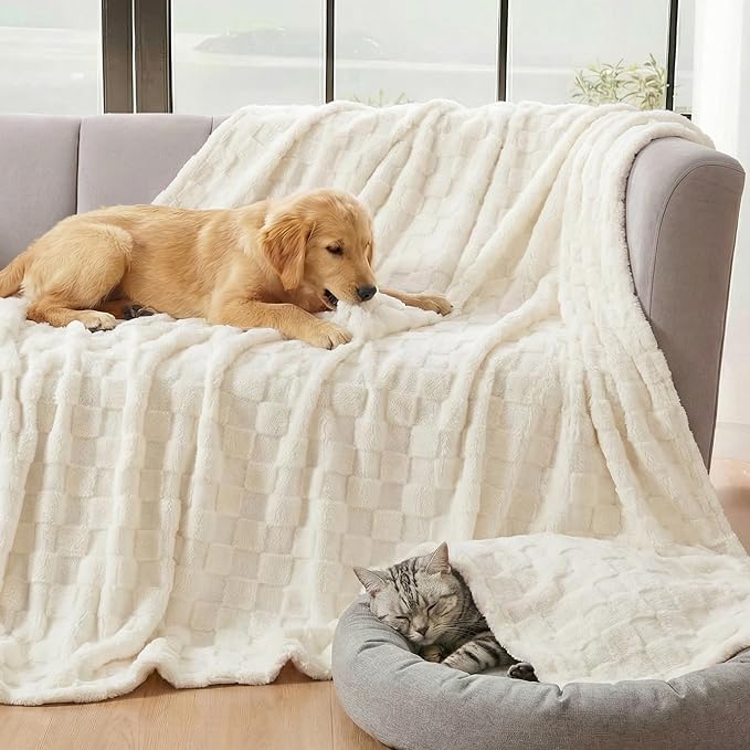 David's Home Large Dog Blankets Washable Pet Bed Cover, Soft Fluffy Fuzzy Cat Puppy Blanket with Premium 300GSM Fleece for Pet Kitten Doggy, Cream, 50x60IN