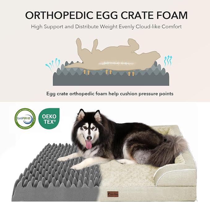 Orthopedic Dog Beds for Extra Large Sized Dogs 45x35 Inch, XL Waterproof Egg Crate Foam Dog Sofa Bed with Removable Washable Cover Big Pet Couch with Bolster & Non-Slip Bottom, Beige