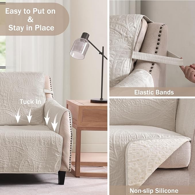 Quilted Beige Sofa Slipcovers with Pockets, Anti-Slip Medallion Couch Covers for Sofa, Couch Cover for Dogs Cats Water-Repellent Machine Washable Sofa Cover (Large Sofa 68", Beige Cream)
