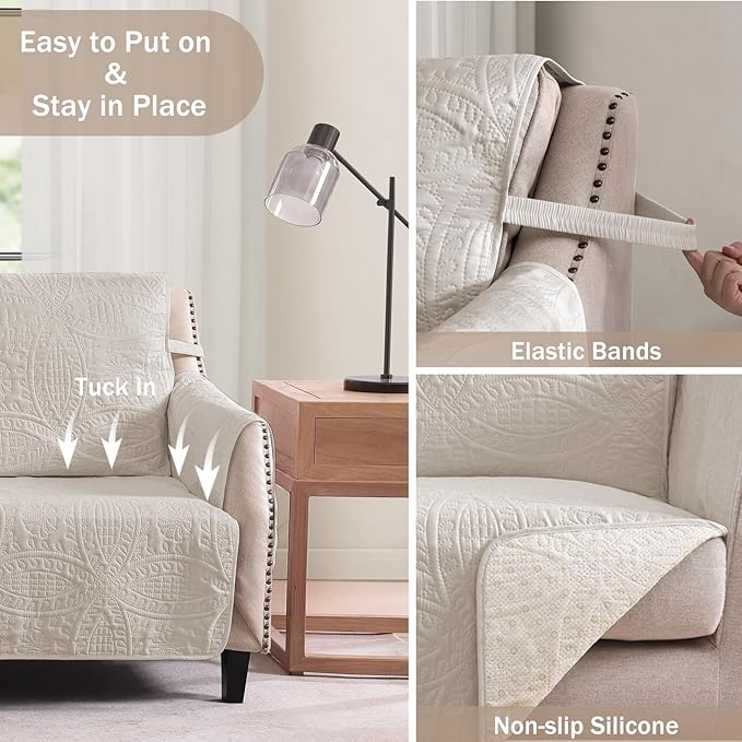 Quilted Beige Grand Sofa Couch Covers, Soft Cozy Couch Protector for 4 Cushion Couch, Cover for Super Large Sofa, Oversized Grand Sofa Slipcovers Water-Repellent (Grand Sofa 88", Beige Cream)