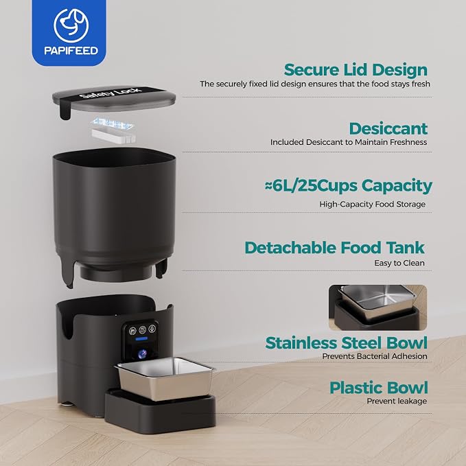 PAPIFEED Automatic Cat Feeder with Camera, 1080P HD & Night Vision, 6L Cat Food Dispenser with App, 5G WiFi Timed Cat Feeder for Dry Food, 2-Way Audio, Smart Pet Feeder for Dog, 1-10 Meals/Day