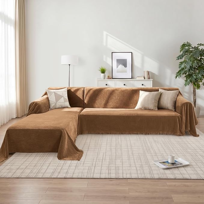CAPALOCA Sectional Couch Covers, 2 Pieces Chenille Sofa Cover L Shaped Couch Cover Blanket for Dogs Washable Sofa Slipcovers Pet Furniture Protector (XX-Large: 71" x 118" + 71" x 118", Brown)