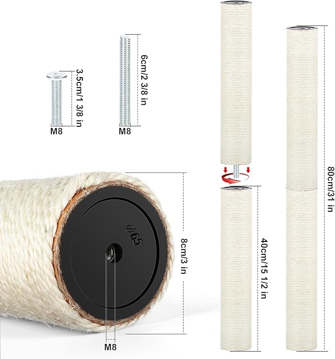 4 PCS M8 Cat Scratching Post Replacement, 15.7 x 3.1 Inch Sisal Pole Cat Tree Replacement Post with Screws, Refill Scratcher Posts for Indoor Kitten Tree Tower Spare Cat Furniture Protector