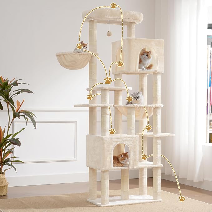 Heybly Cat Tree, 76-Inch Tall Heavy Duty Cat Tower for Big Cats with Extra Wide Baseboard, Multi-Level Large Cat Furniture with 2 Condos & 2 Hammocks, 10 Scratching Posts, Beige HCT039M
