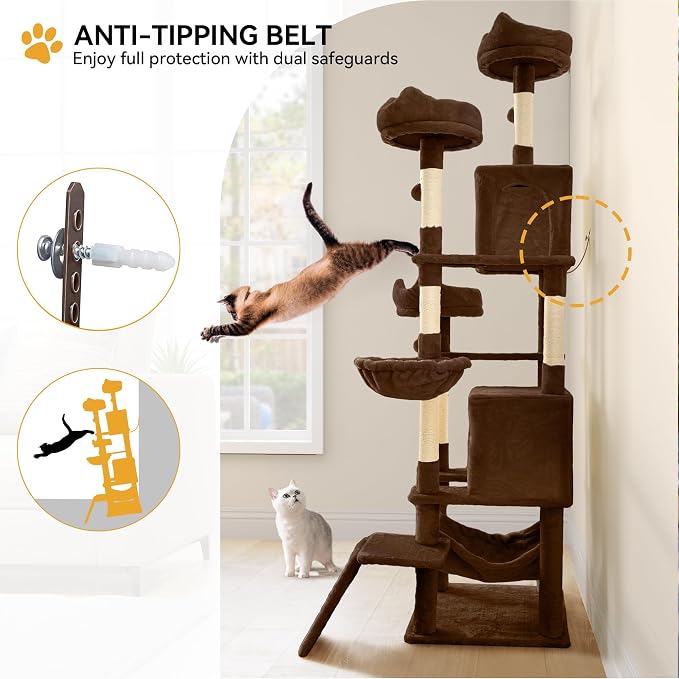 YITAHOME 75-Inch Tall Cat Tree Indoor: Multi-Level Kitten Tower with Kitty Condos, Top Perches, Sisal Ramp, Scratching Posts & Cozy Basket Hammocks Pet Play House Brown