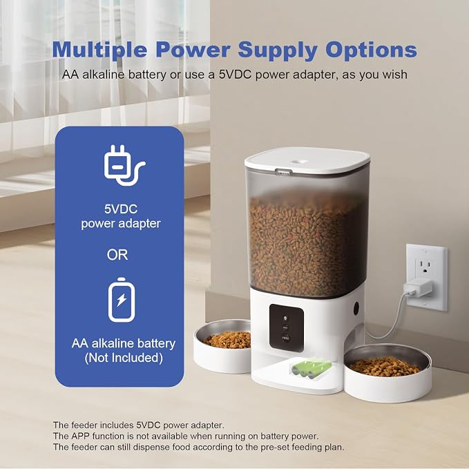 ANDOLL HOME 2.4G/5G Automatic Cat Feeder, 6L WiFi Cat Food Dispenser with 10s Voice Recorder, Double Bowl Pet Feeder up to 10 Meals per Day, Timed Feeder with Dry Food Sealed Ring (White)