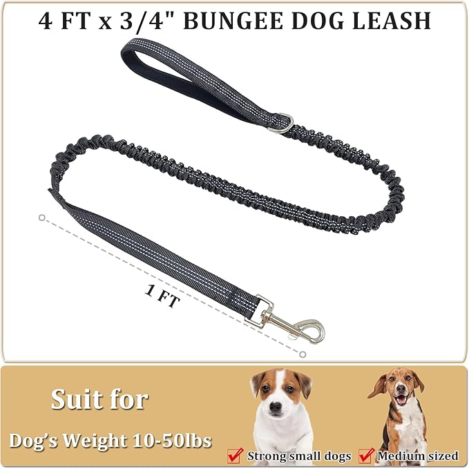 WYuZe 4 FT Bungee Dog Leash for Strong Puppy Medium Dogs - Reflective, Shock Absorbing, Elastic Nylon Leash with Padded Handle for Safety Comfort No Pull Walking Training (Black, 3/4"-Wide)